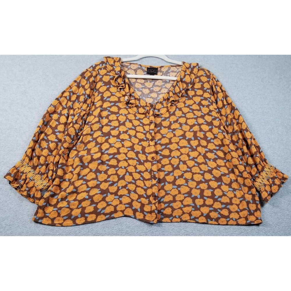Mod Lusive Blouse Women's XL Brown Orange Floral Ruffle V-Neck Gauze 3/4 Sleeve